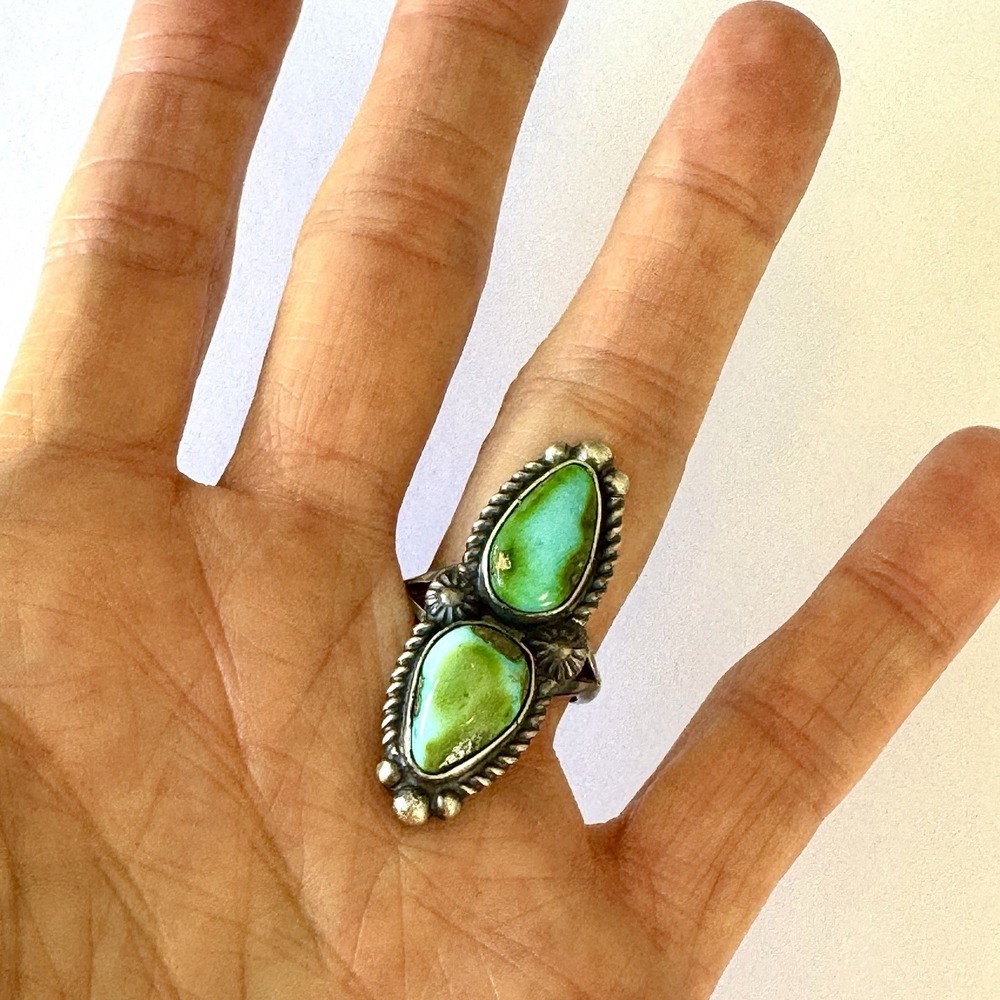 Navajo Sonoran Gold Turquoise Ring 2 Stone Size 7 Signed Shakey Long Sterling - Picture 3 of 7